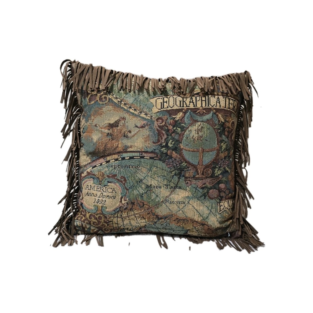 Old Style World Map Americas New World Woven Tapestry Fringe Pillow 13x13.5 READ